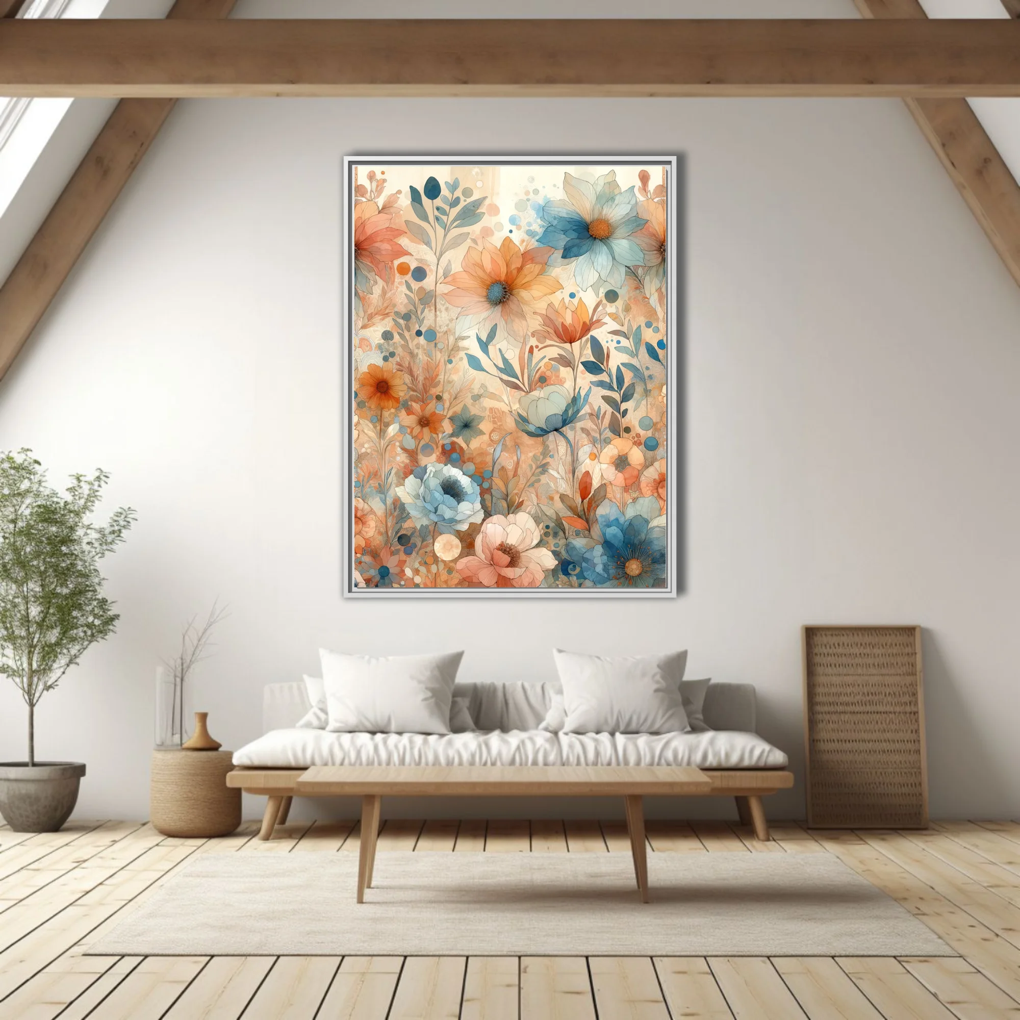 Boho floral watercolor-style art in terracotta and dusty blue pastel tones