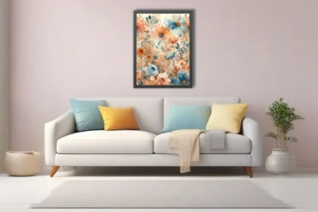 Boho floral watercolor-style art in terracotta and dusty blue pastel tones