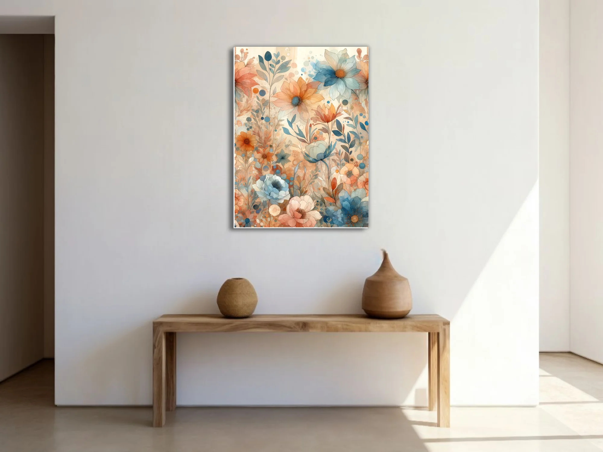 Boho floral watercolor-style art in terracotta and dusty blue pastel tones
