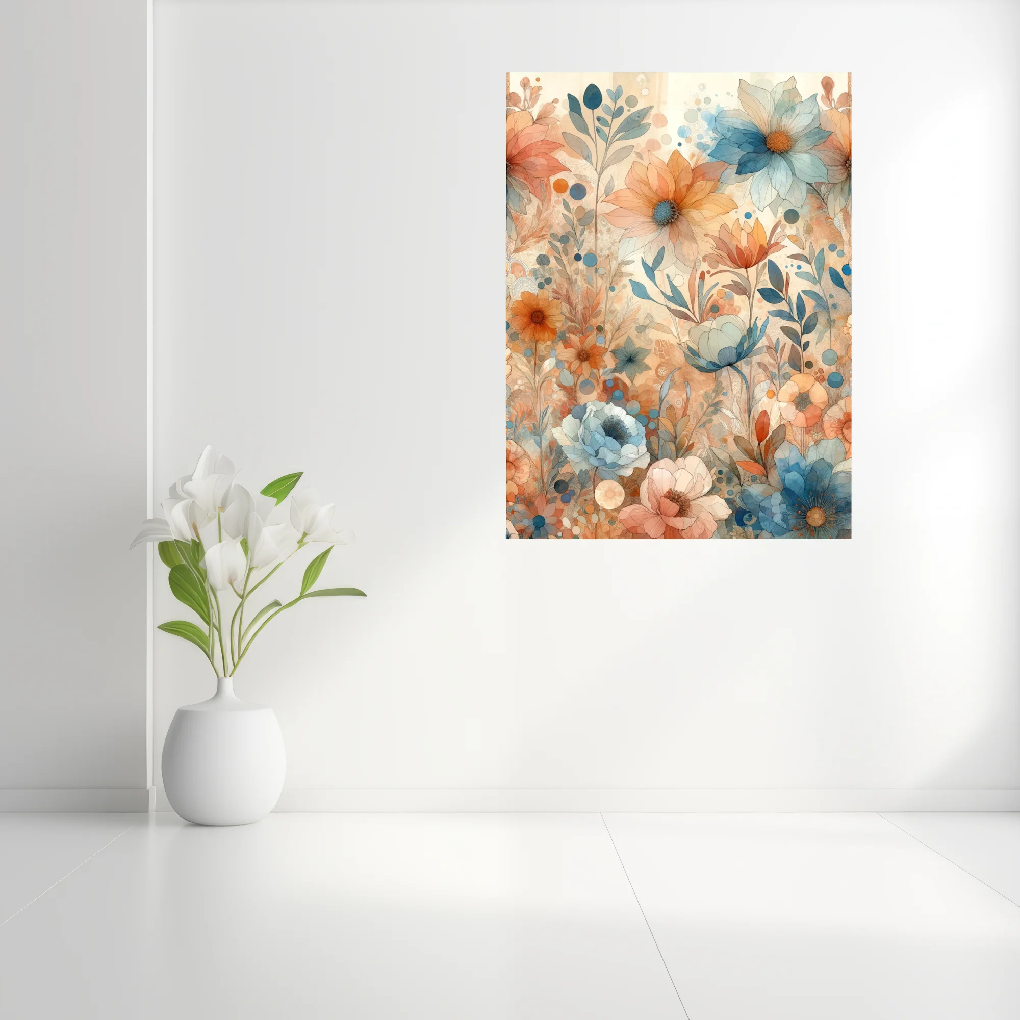Boho floral watercolor-style art in terracotta and dusty blue pastel tones