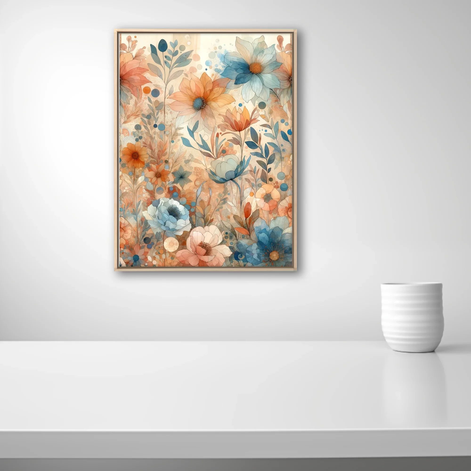 Boho floral watercolor-style art in terracotta and dusty blue pastel tones