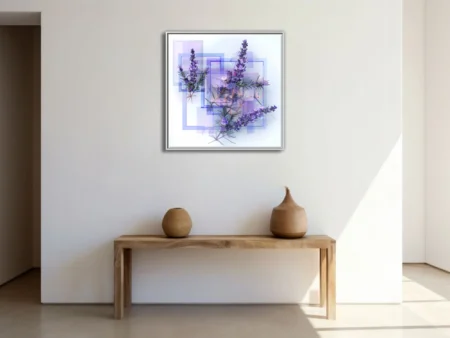 Abstract botanical art with lavender sprigs and layered blue-violet geometric shapes