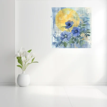Watercolor-style blue anemone florals with golden orb and crosshatch grid overlay