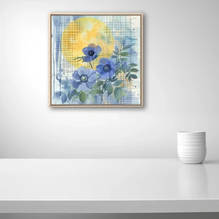 Watercolor-style blue anemone florals with golden orb and crosshatch grid overlay