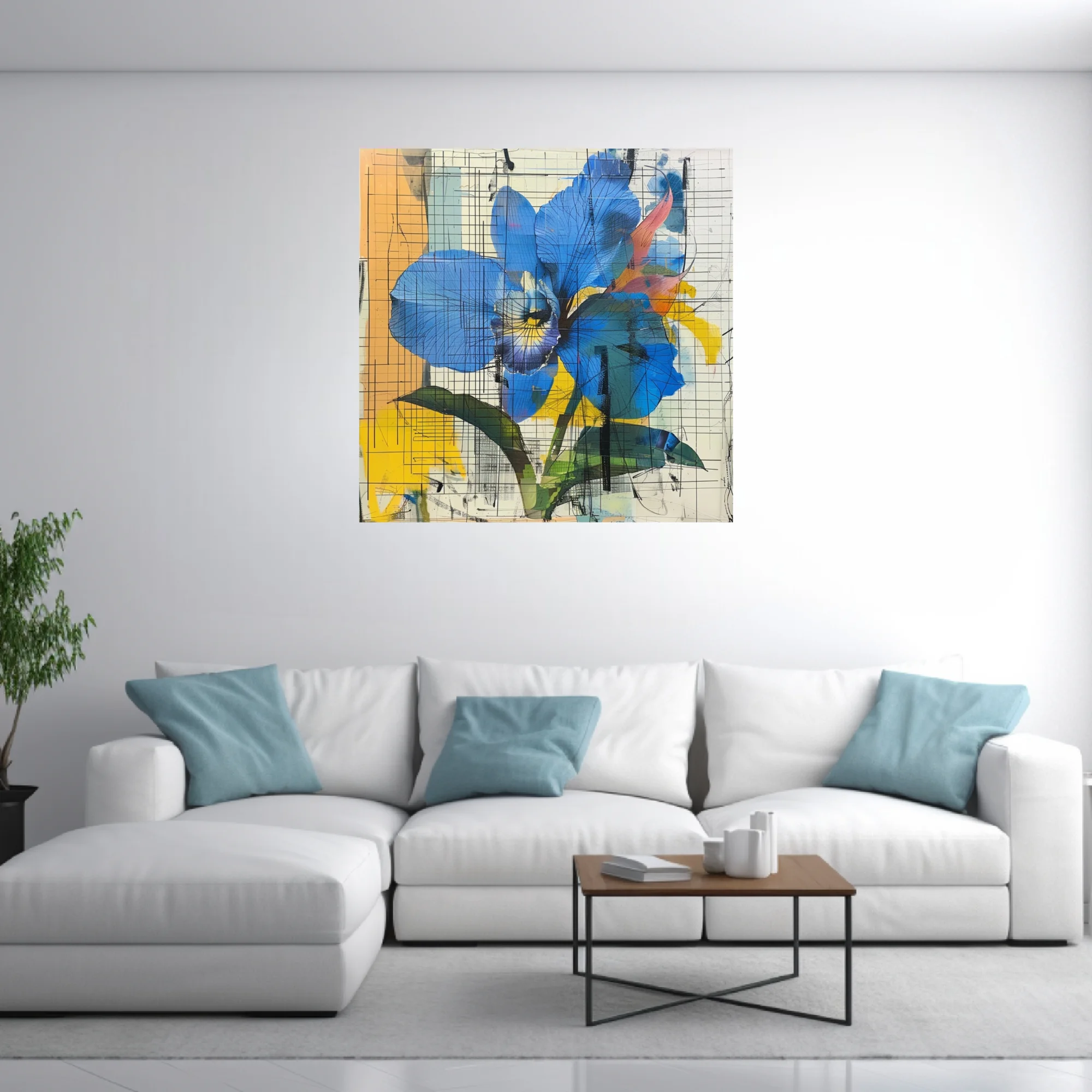 Abstract blue orchid with grid line overlay, bold yellow and orange accents