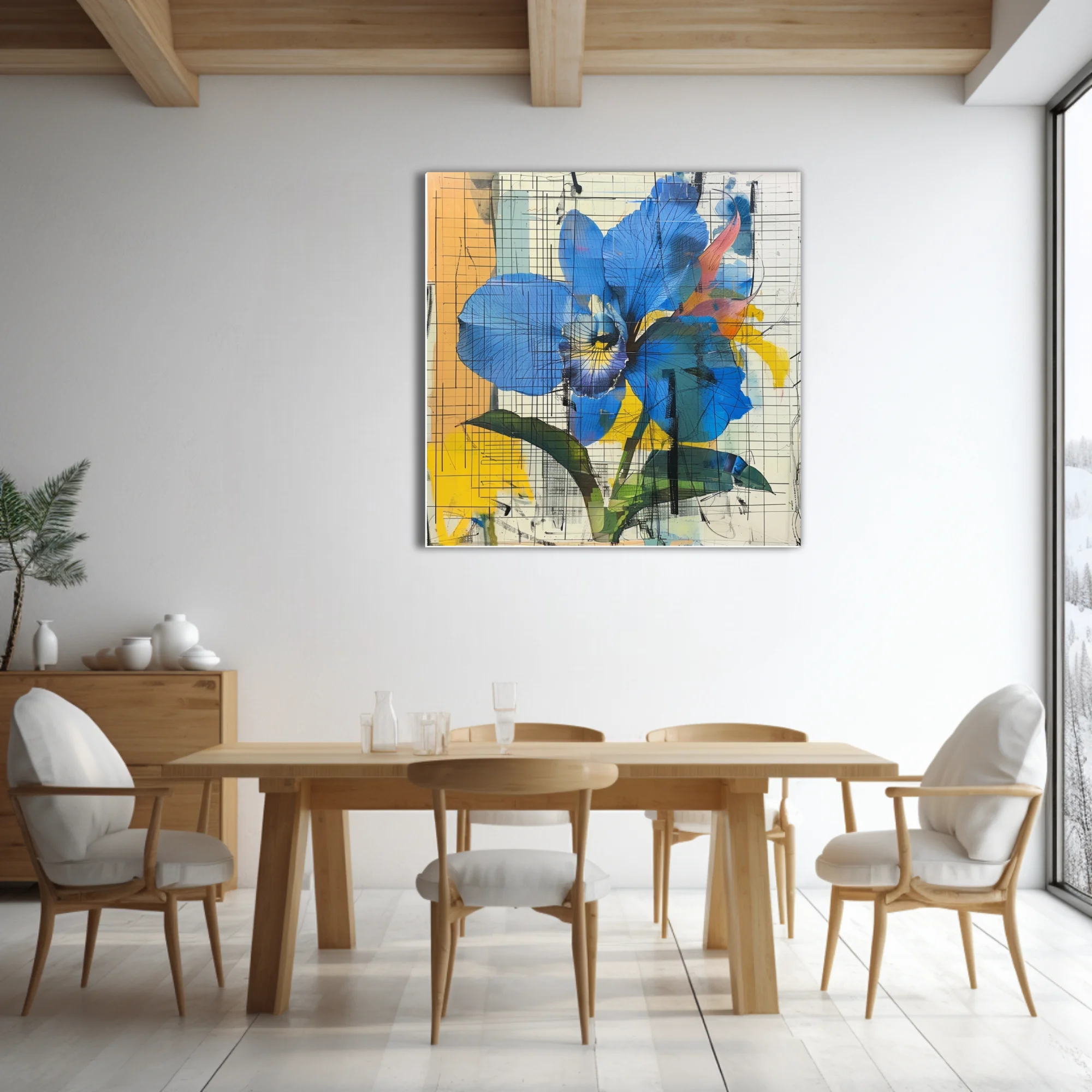 Abstract blue orchid with grid line overlay, bold yellow and orange accents