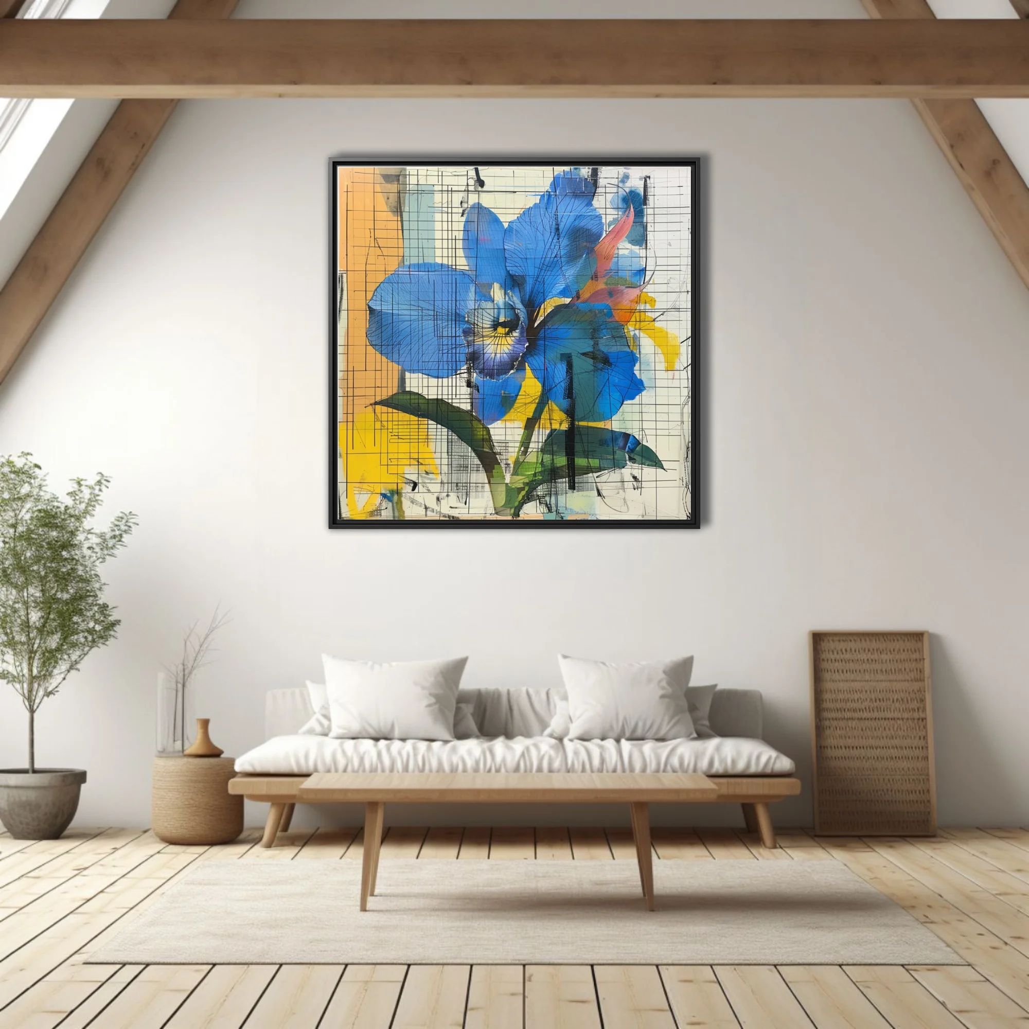 Abstract blue orchid with grid line overlay, bold yellow and orange accents