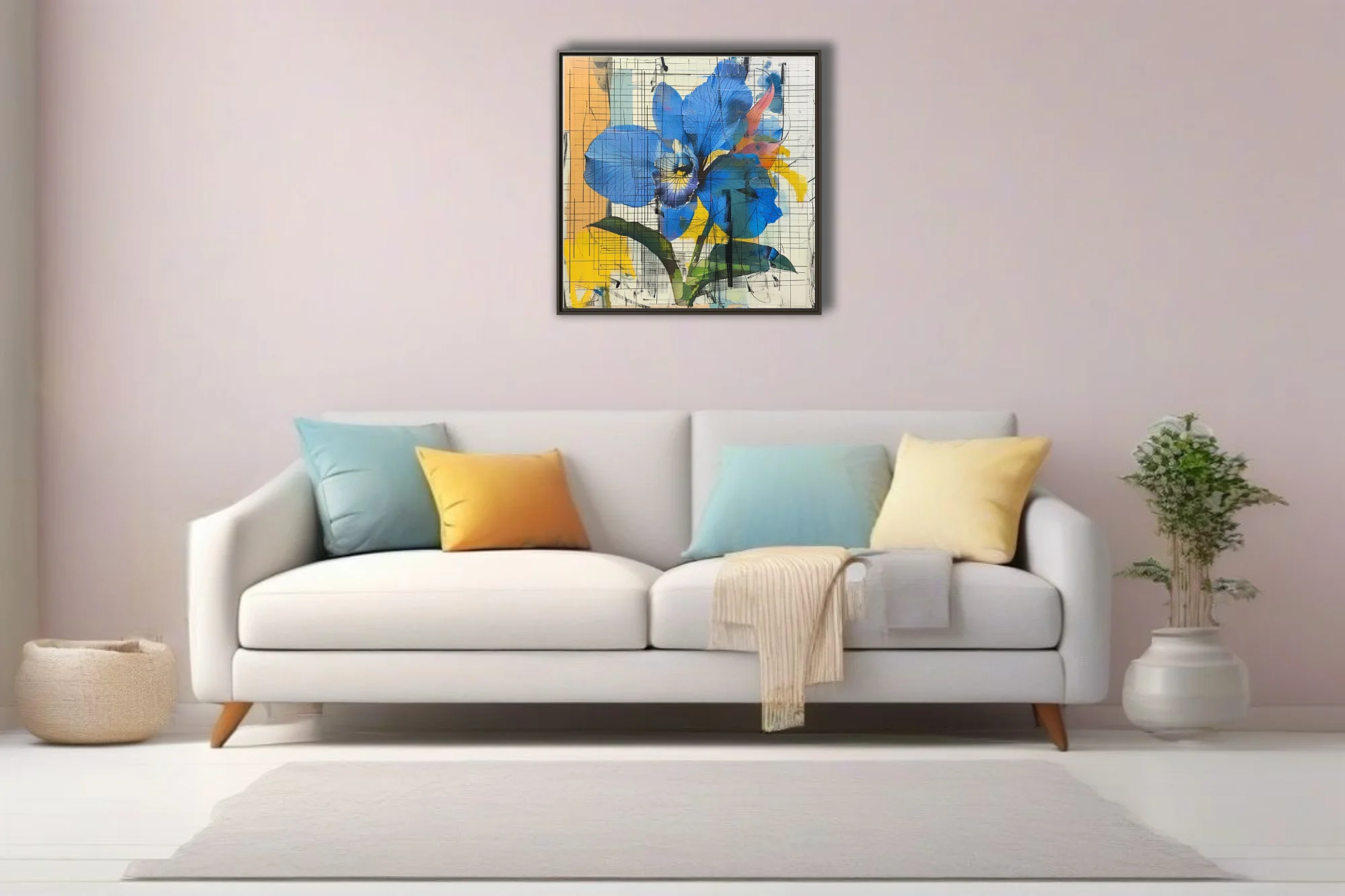 Abstract blue orchid with grid line overlay, bold yellow and orange accents