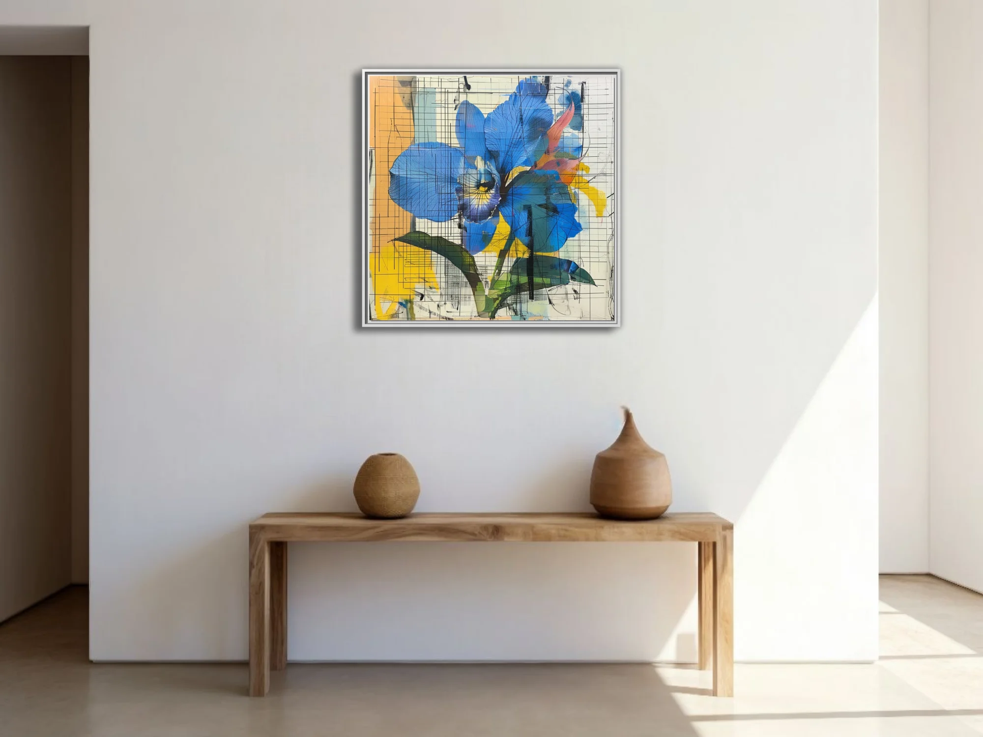 Abstract blue orchid with grid line overlay, bold yellow and orange accents