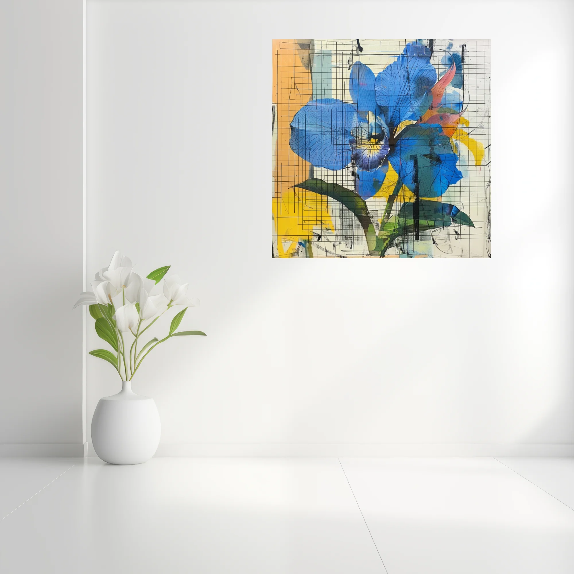 Abstract blue orchid with grid line overlay, bold yellow and orange accents