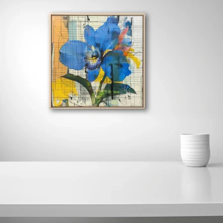 Abstract blue orchid with grid line overlay, bold yellow and orange accents