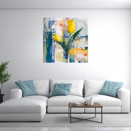 Abstract mixed-media yellow tulip composition, teal and cobalt collage-style background