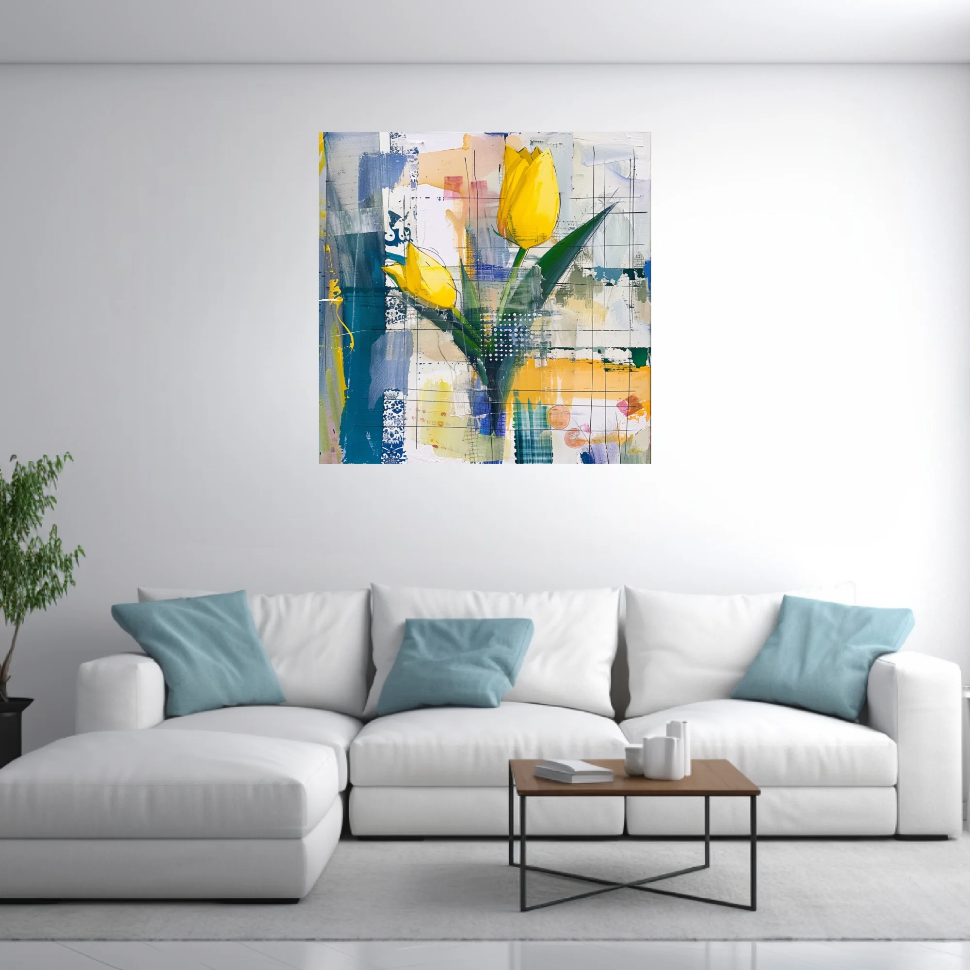 Abstract mixed-media yellow tulip composition, teal and cobalt collage-style background