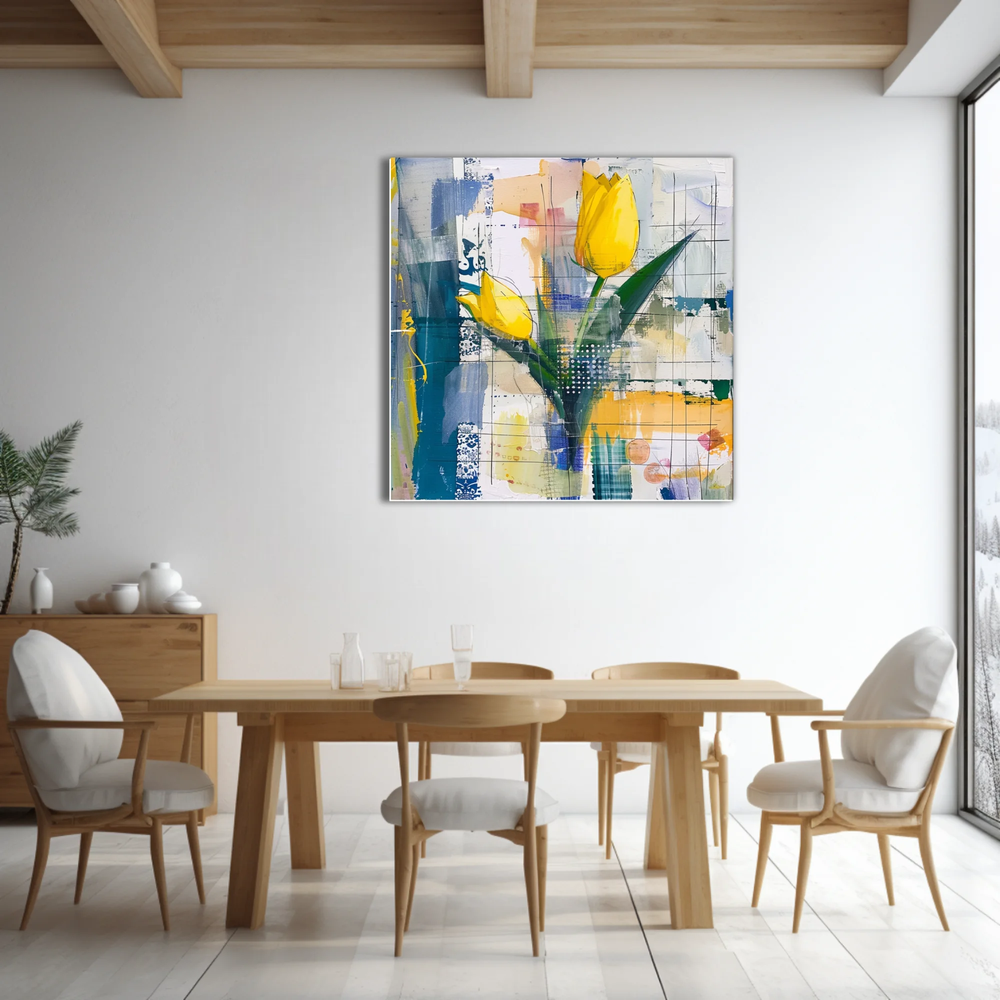 Abstract mixed-media yellow tulip composition, teal and cobalt collage-style background