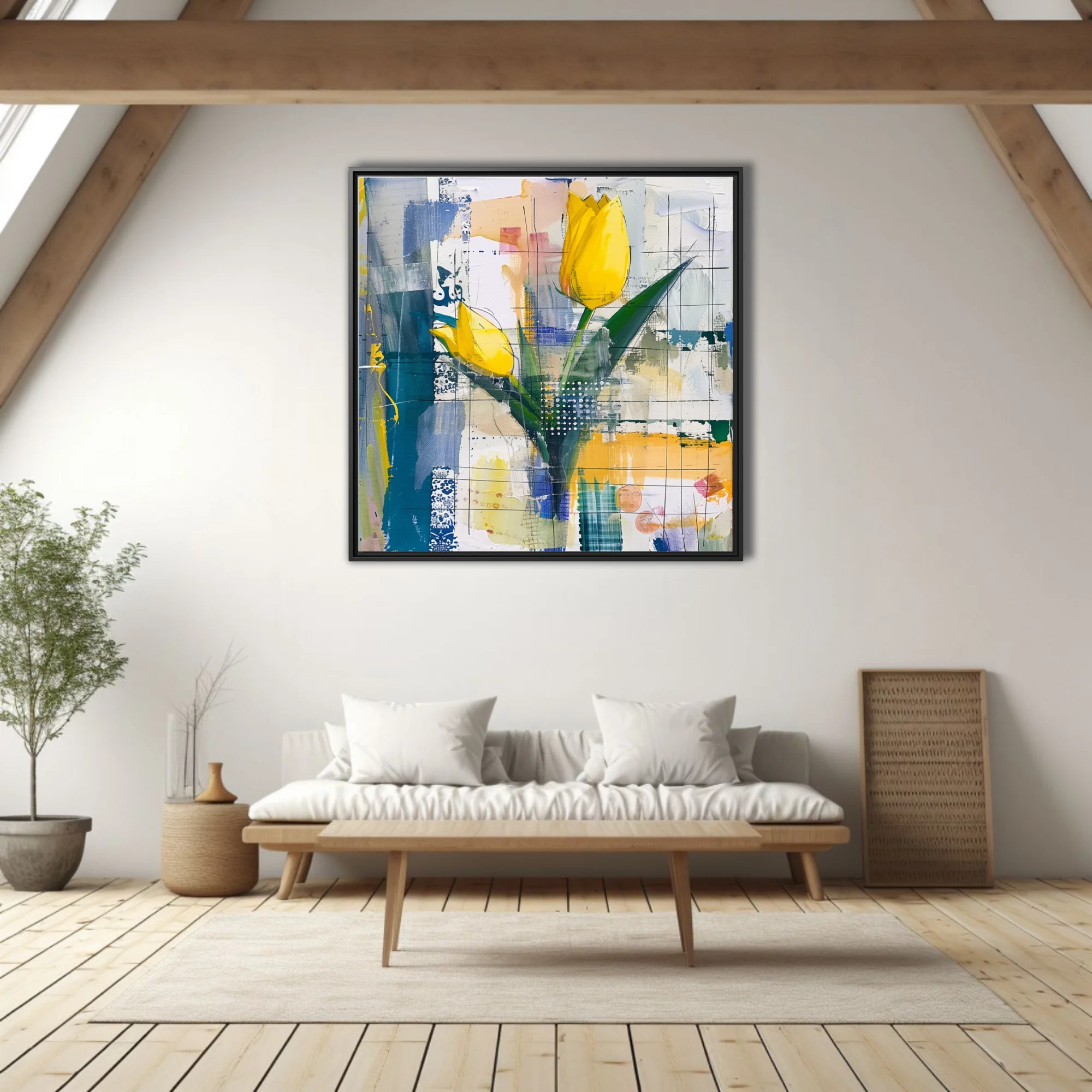 Abstract mixed-media yellow tulip composition, teal and cobalt collage-style background