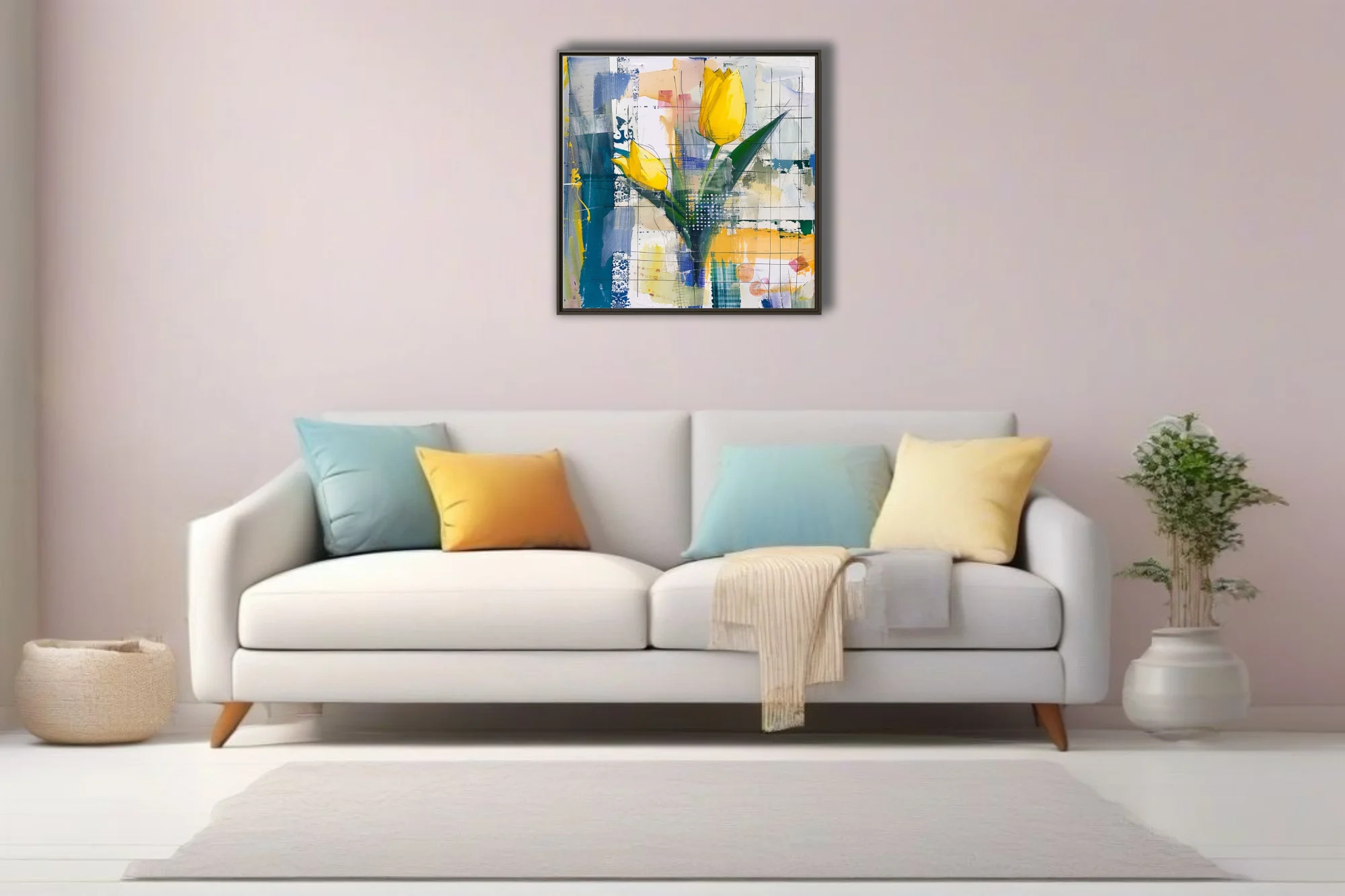 Abstract mixed-media yellow tulip composition, teal and cobalt collage-style background