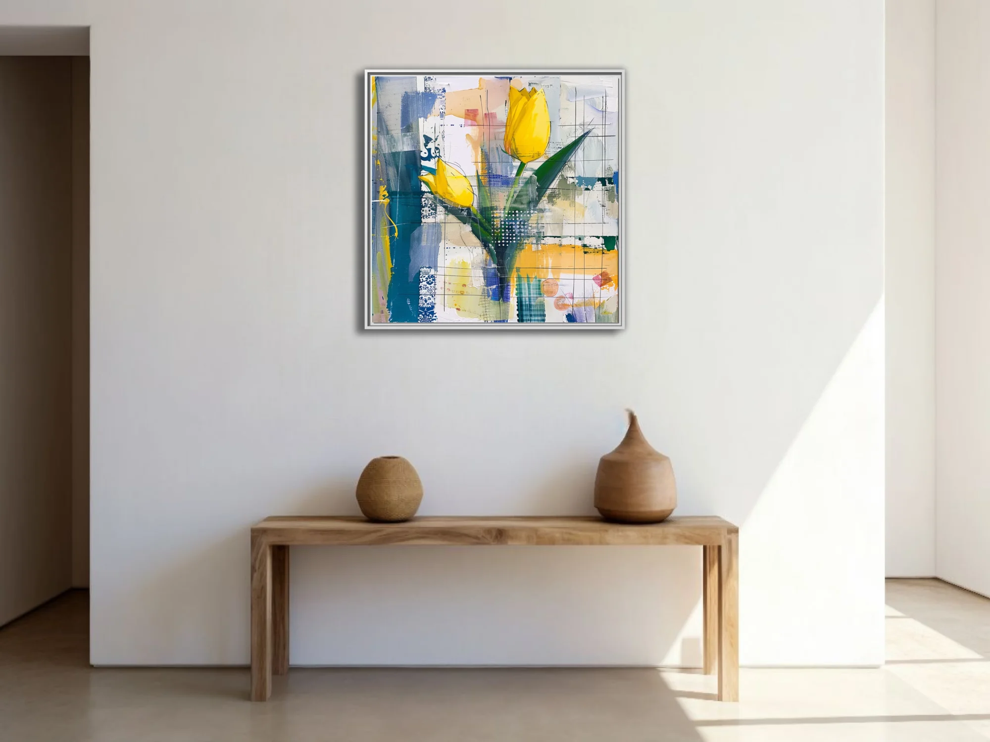Abstract mixed-media yellow tulip composition, teal and cobalt collage-style background