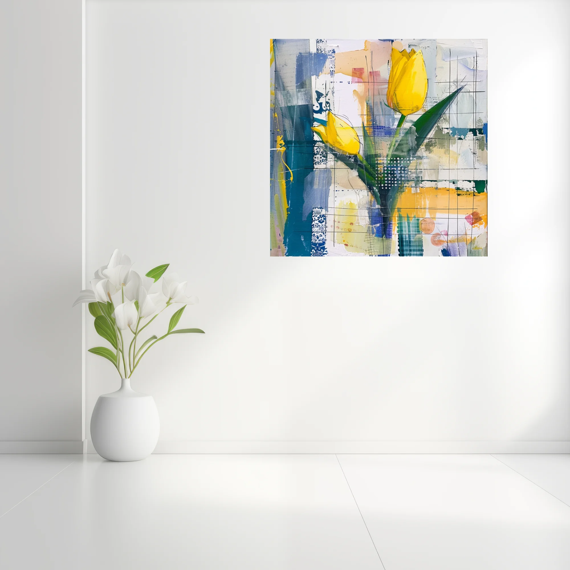Abstract mixed-media yellow tulip composition, teal and cobalt collage-style background