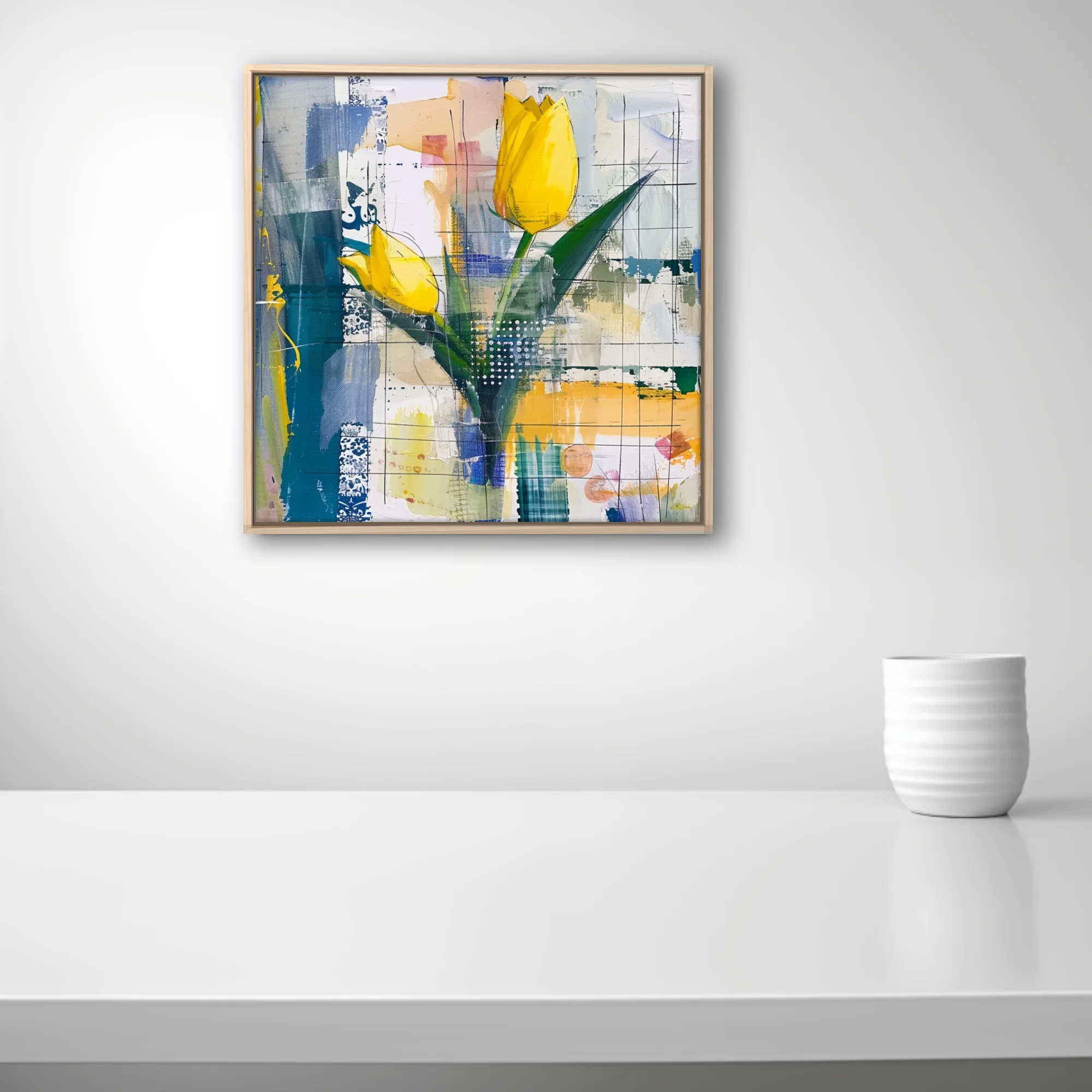 Abstract mixed-media yellow tulip composition, teal and cobalt collage-style background