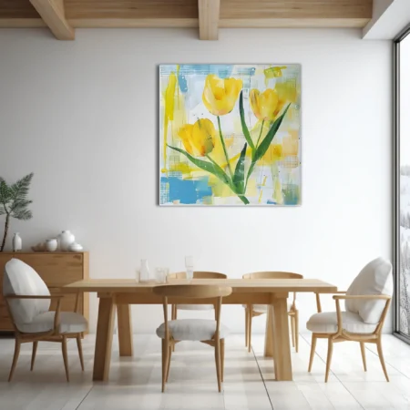 Abstract yellow tulip composition, strokes with mixed-media collage effect, vibrant spring palette