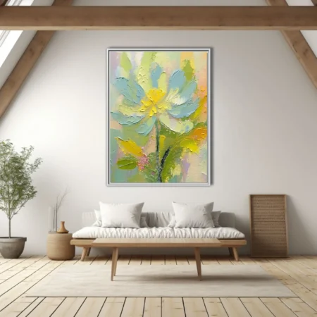 Textural floral in pastel green, yellow and soft blue with