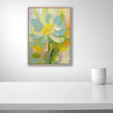 Textural floral in pastel green, yellow and soft blue with