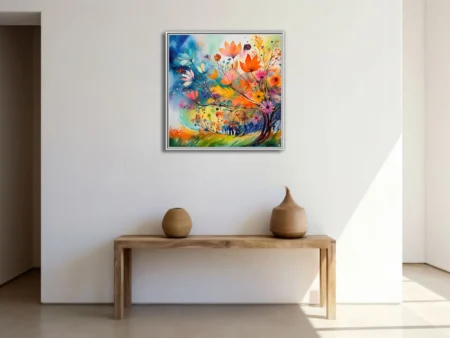Vibrant abstract wildflower composition, watercolor-style, jewel tones, orange pink blue