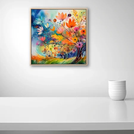 Vibrant abstract wildflower composition, watercolor-style, jewel tones, orange pink blue