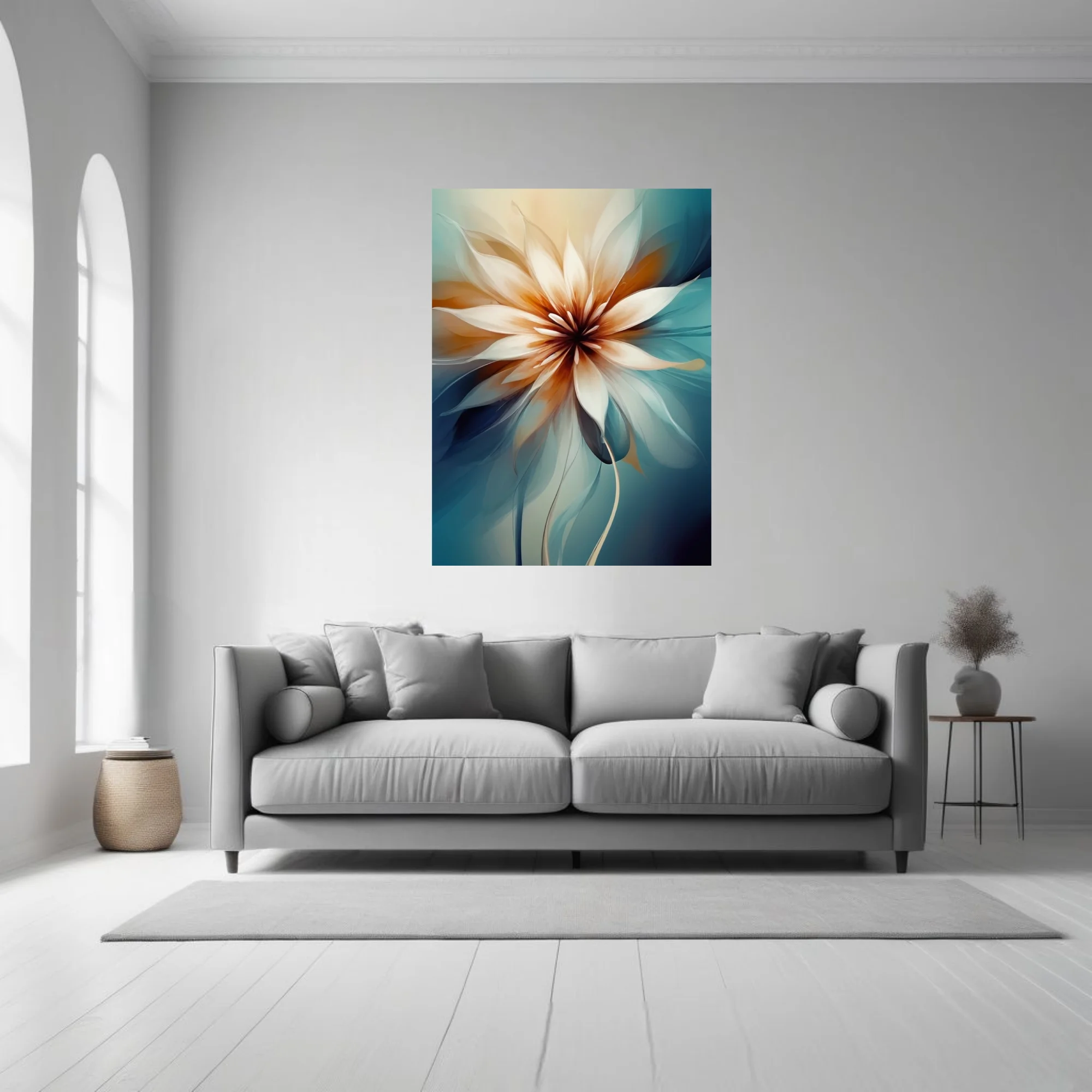 Abstract floral art with translucent petals in warm amber and teal tones