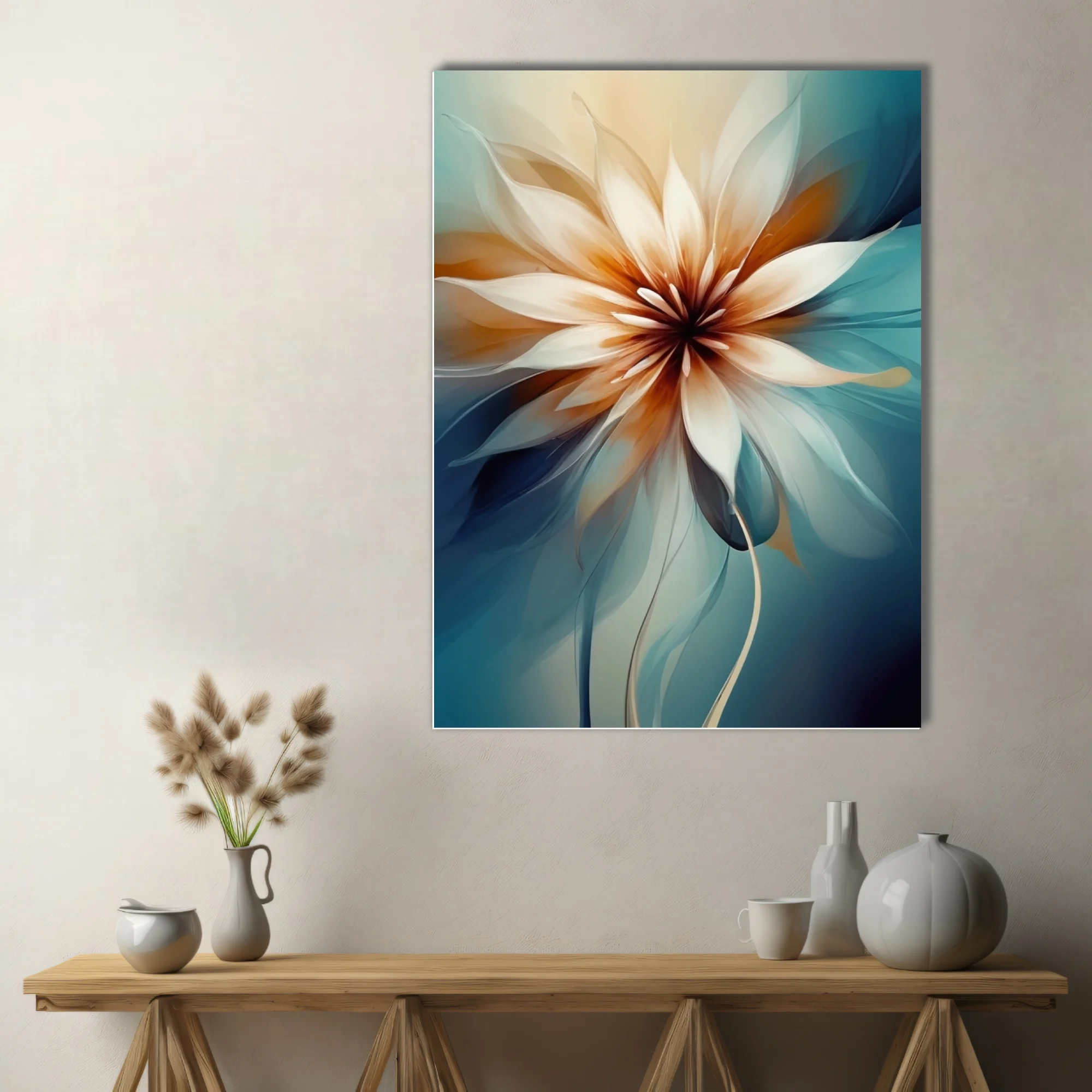 Abstract floral art with translucent petals in warm amber and teal tones
