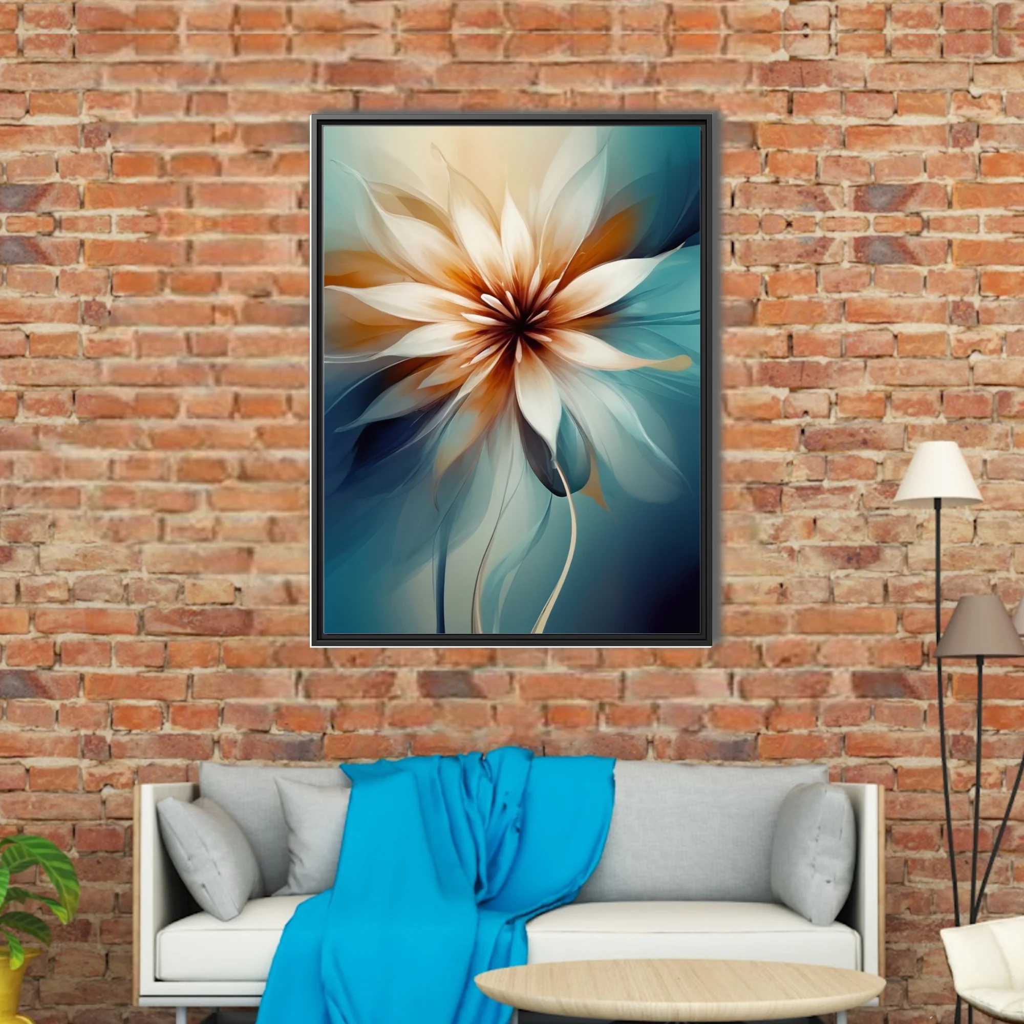 Abstract floral art with translucent petals in warm amber and teal tones