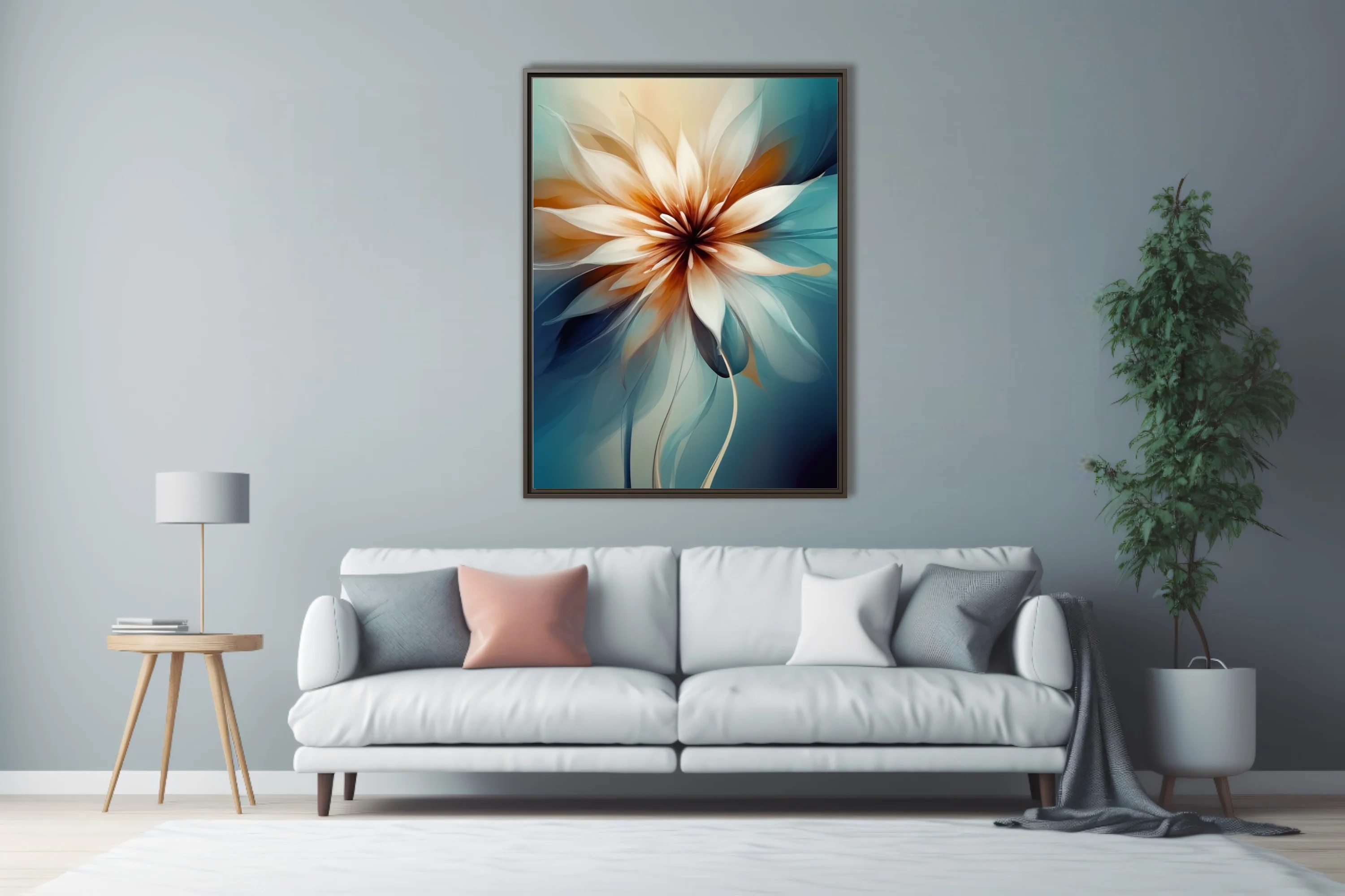 Abstract floral art with translucent petals in warm amber and teal tones