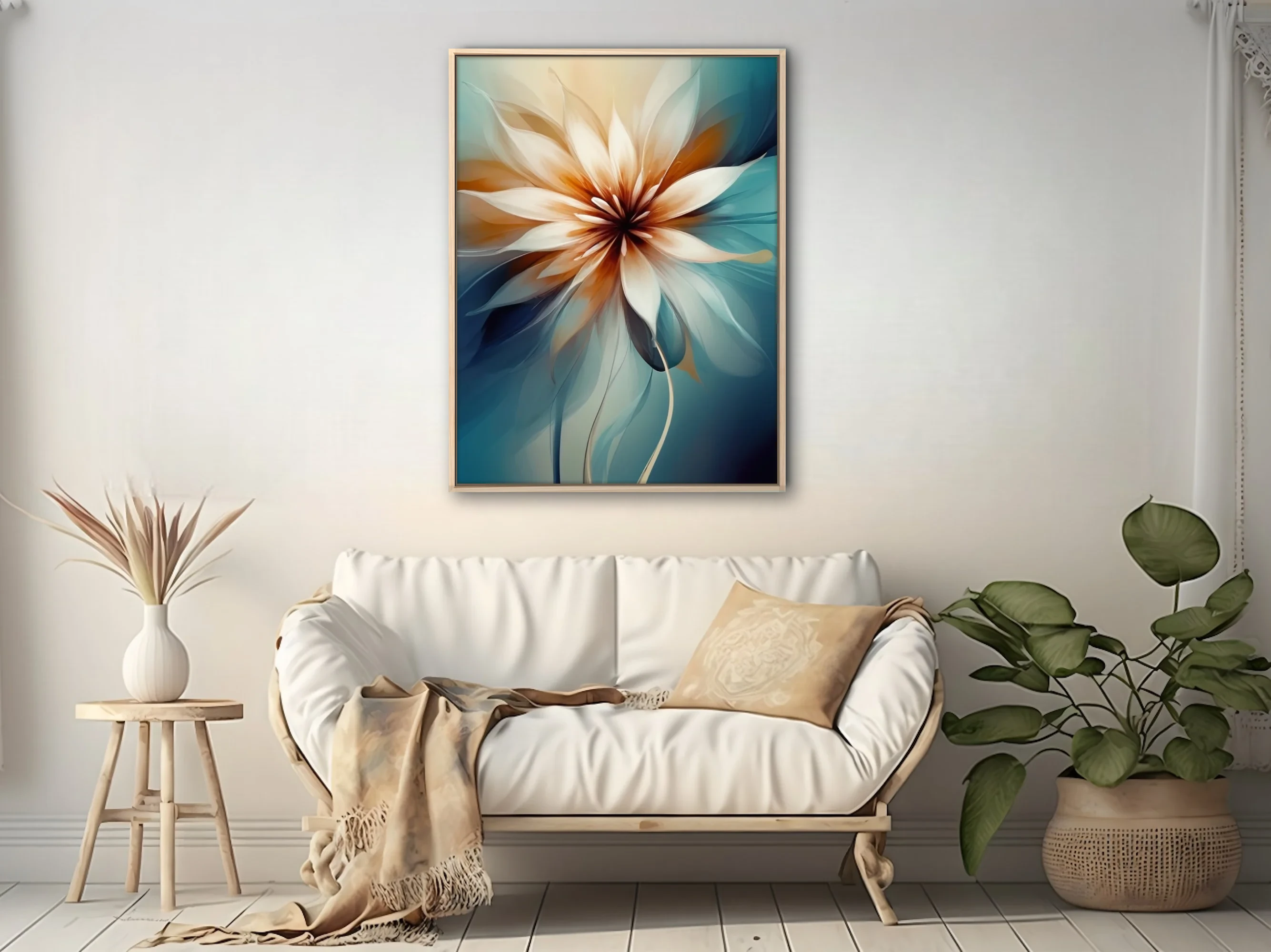 Abstract floral art with translucent petals in warm amber and teal tones