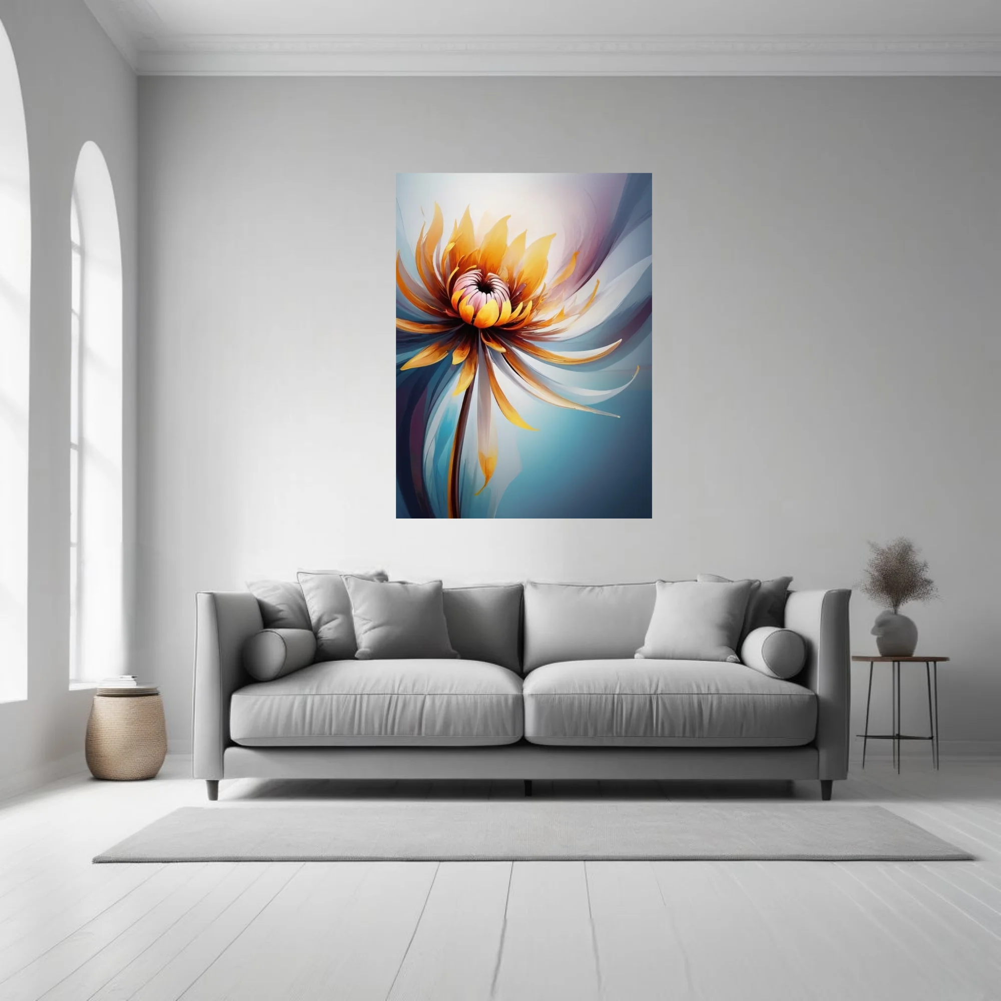 Abstract floral artwork with golden amber petals and cool blue watercolor-style washes
