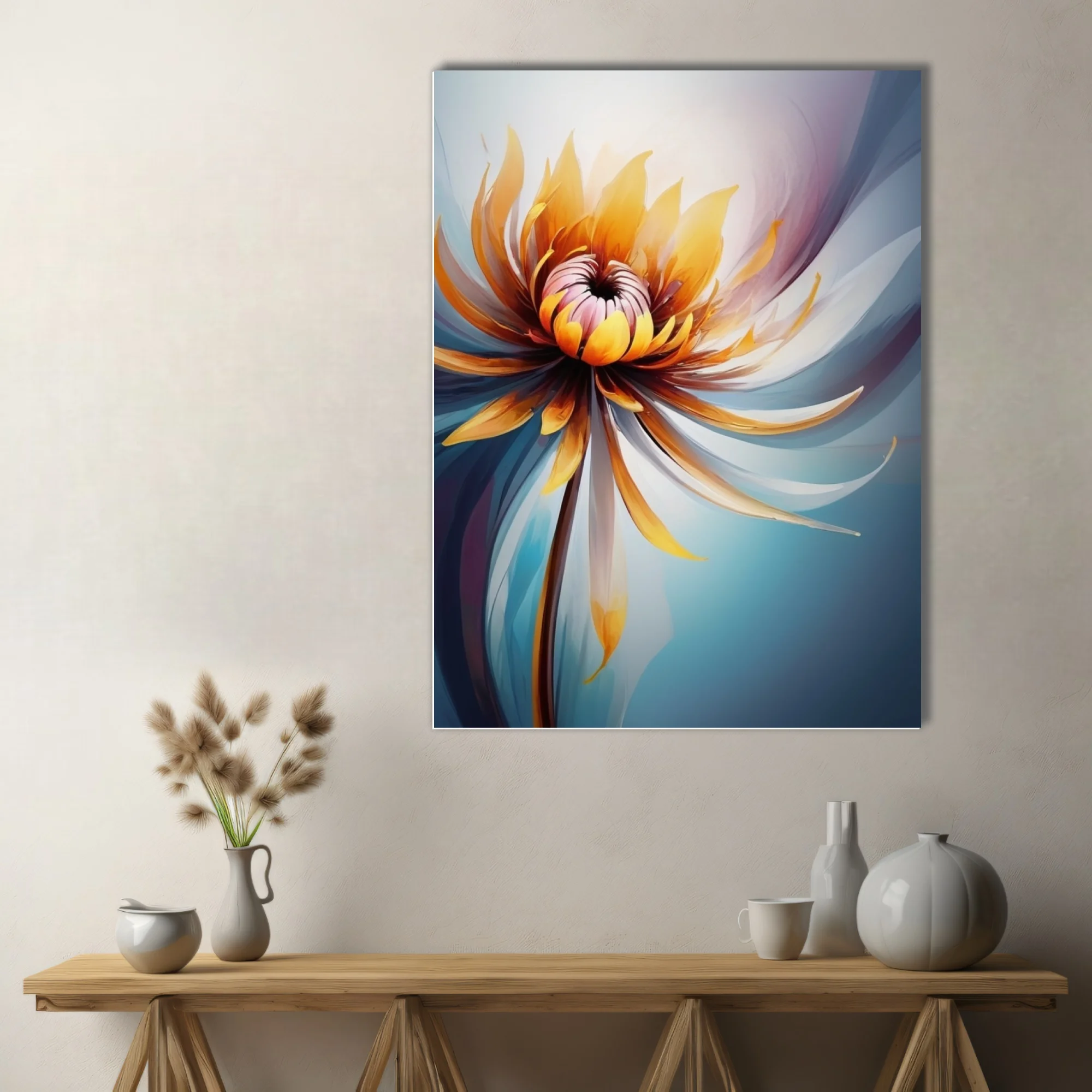 Abstract floral artwork with golden amber petals and cool blue watercolor-style washes