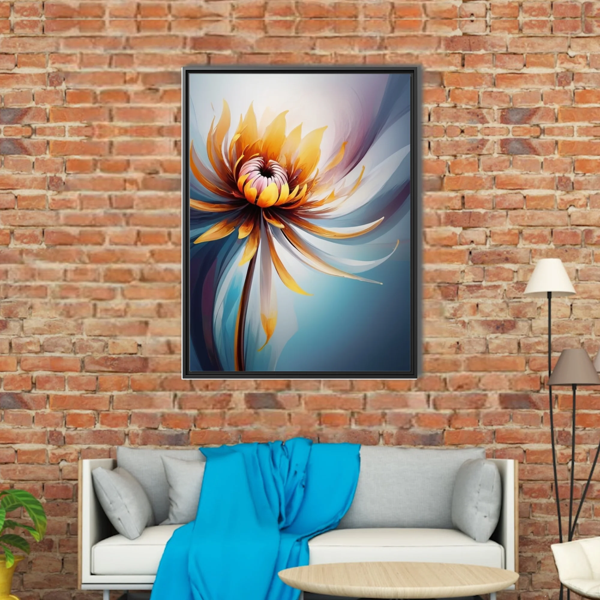 Abstract floral artwork with golden amber petals and cool blue watercolor-style washes
