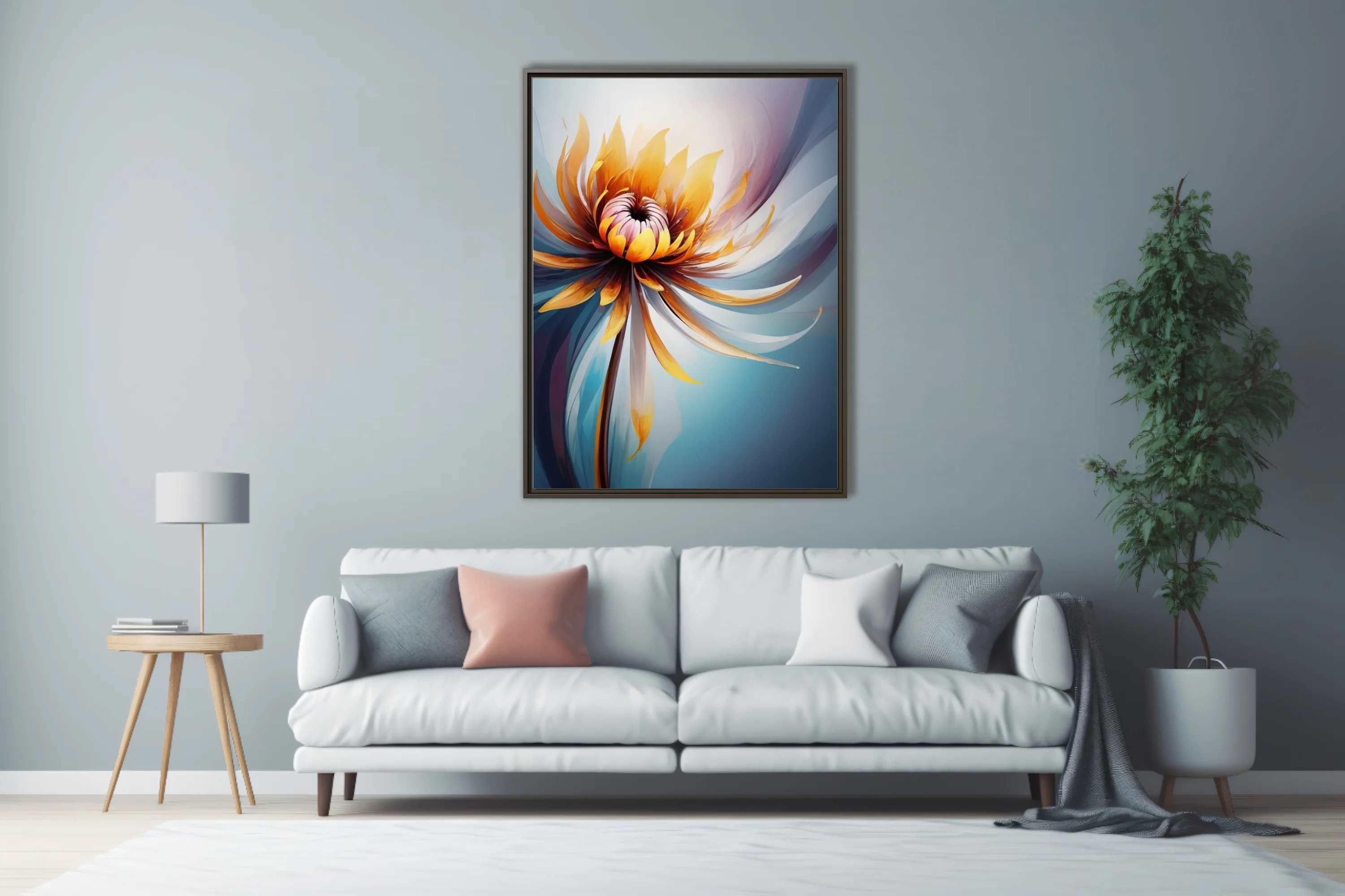 Abstract floral artwork with golden amber petals and cool blue watercolor-style washes