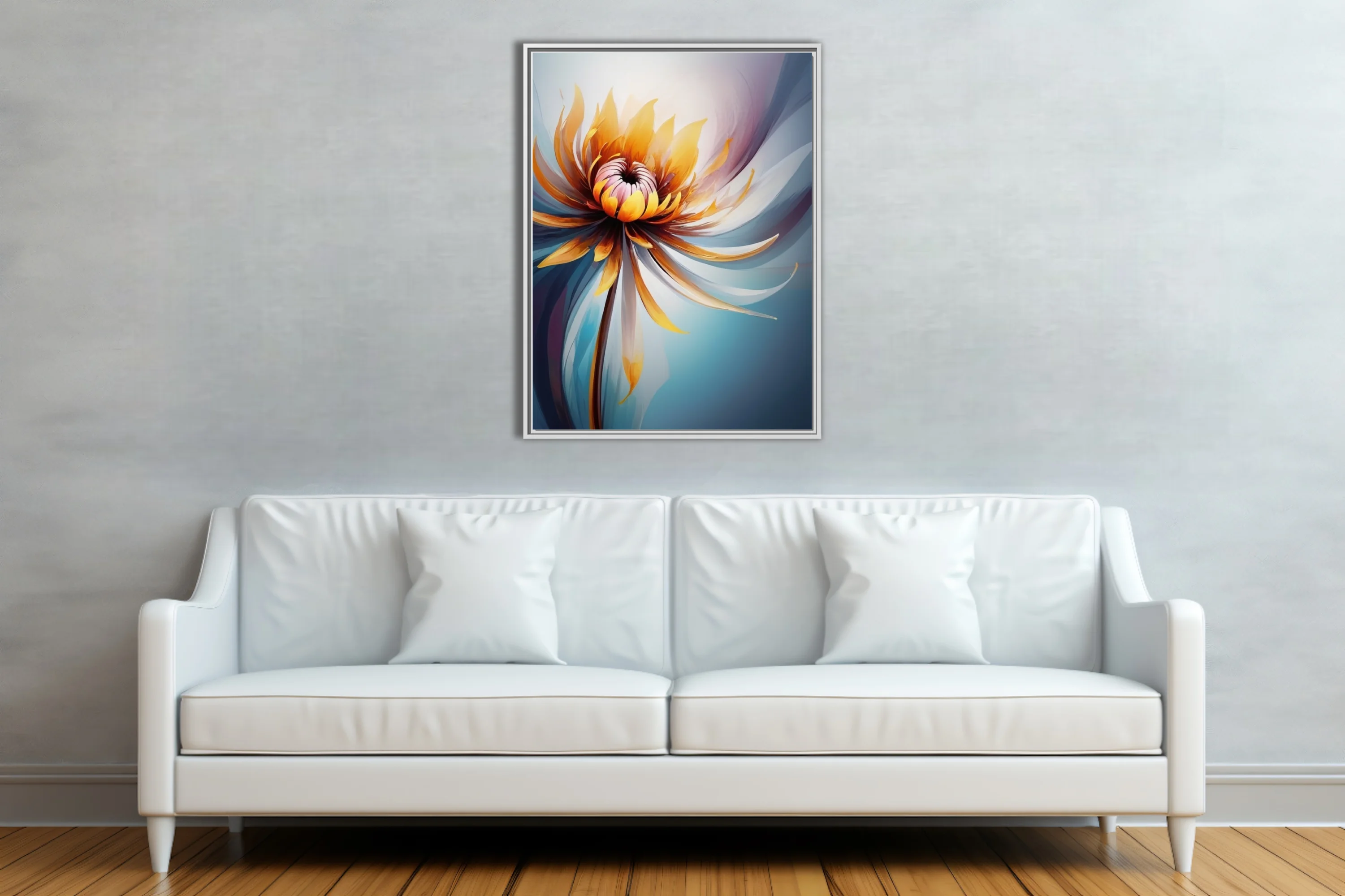 Abstract floral artwork with golden amber petals and cool blue watercolor-style washes