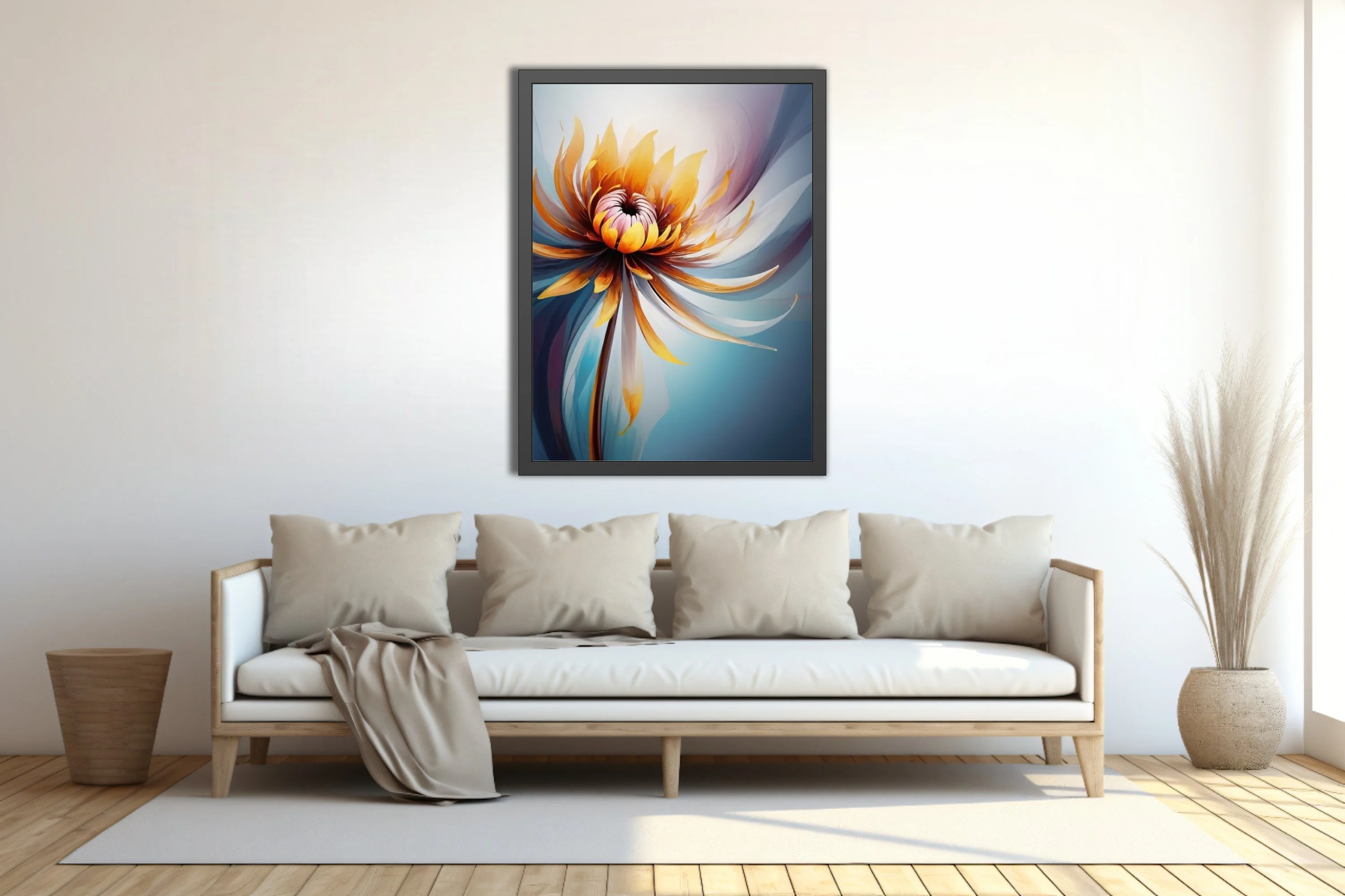 Abstract floral artwork with golden amber petals and cool blue watercolor-style washes