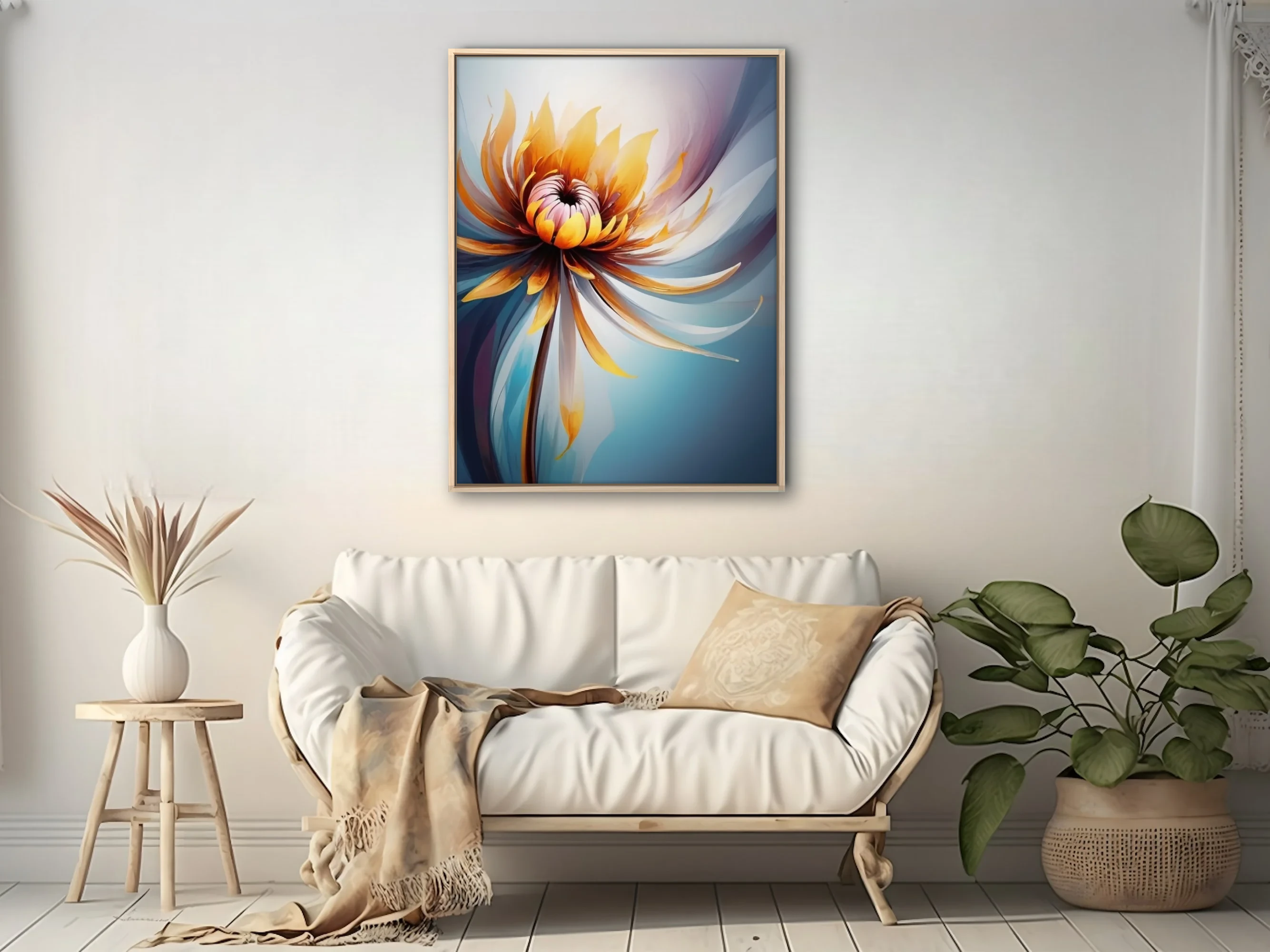 Abstract floral artwork with golden amber petals and cool blue watercolor-style washes