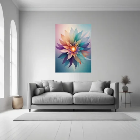 Abstract floral art with iridescent petals and glowing center in pastel tones