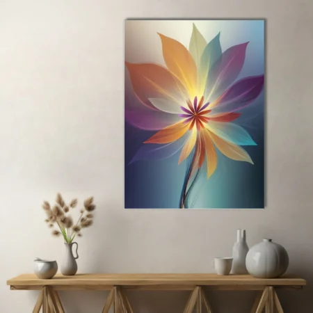 Abstract glowing floral art with translucent multicolor petals and luminous center