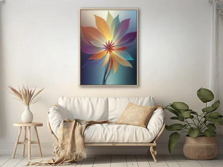 Abstract glowing floral art with translucent multicolor petals and luminous center