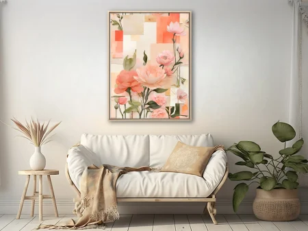 Abstract floral collage in peach and blush with geometric watercolor-style washes