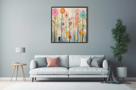 Mixed-media abstract floral art with bold blooms and pastel tones