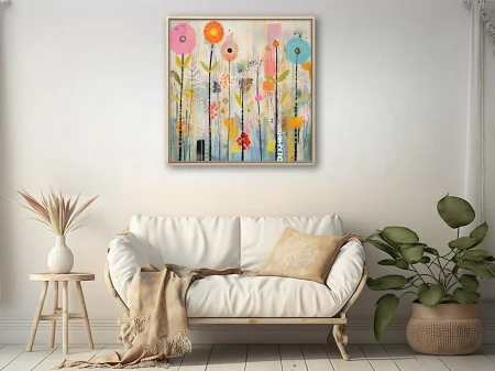 Mixed-media abstract floral art with bold blooms and pastel tones