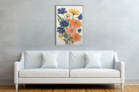 Hand-drawn ink-style wildflower illustration in blue, orange, pink, and yellow