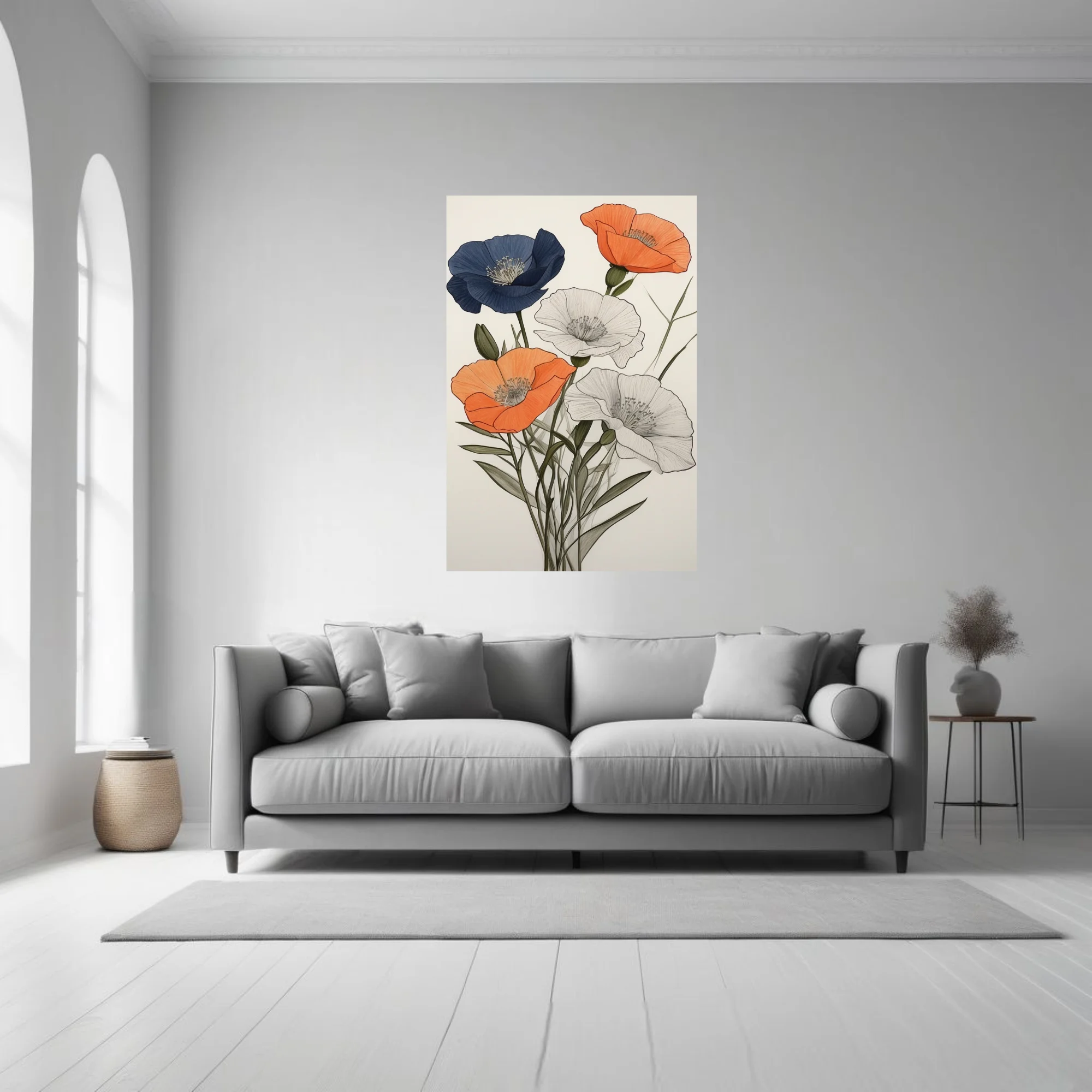 Ink-style poppy illustration in navy, orange, and pencil sketch on white