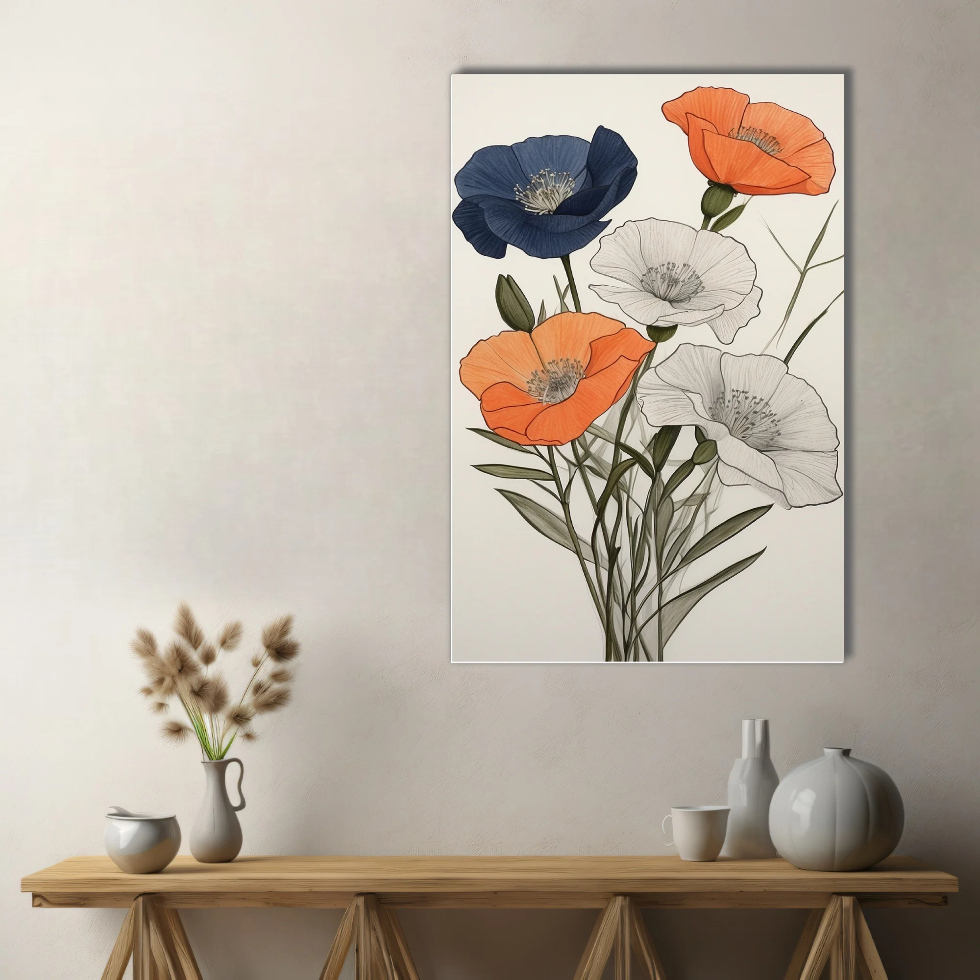 Ink-style poppy illustration in navy, orange, and pencil sketch on white
