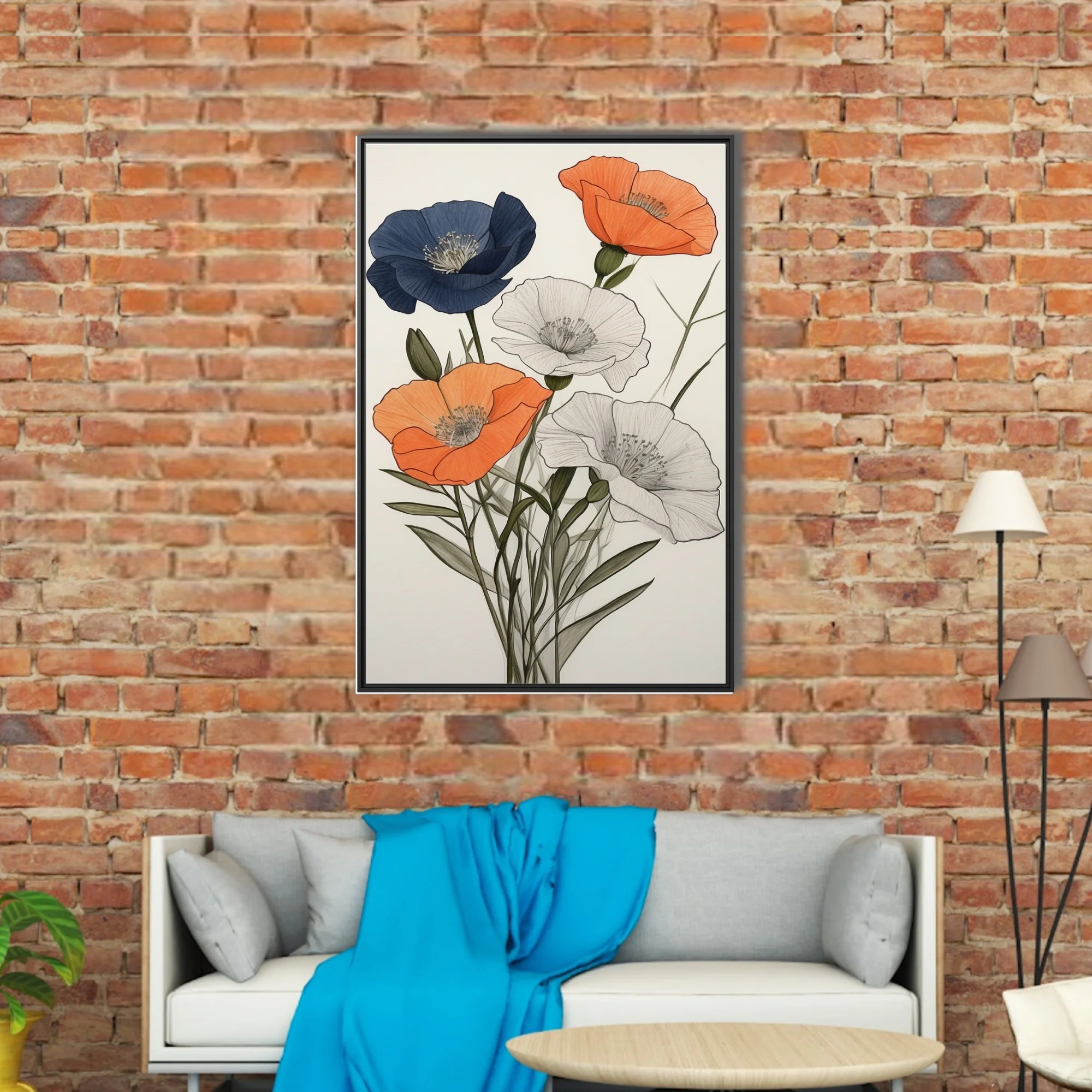 Ink-style poppy illustration in navy, orange, and pencil sketch on white